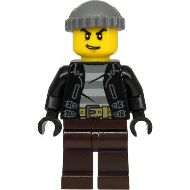 Minifig cty1133 - Police - City Bandit Crook, Black Leather Jacket, Dark Bluish Gray Knit Cap, Dark Brown Legs