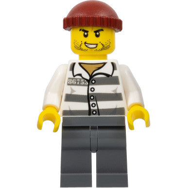 Minifig cty1159 - Police - Jail Prisoner 86753 Prison Stripes, Dark Red Knit Cap, Scar, and Stubble