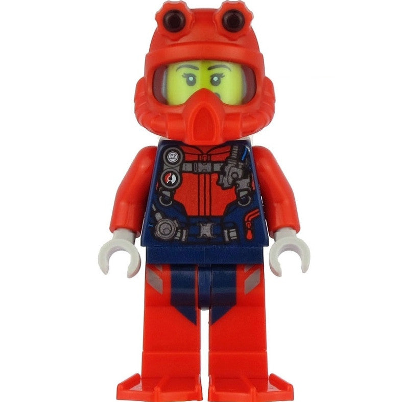 Minifig cty1165 - Scuba Diver - Female, Open Mouth, Red Helmet, White Air Tanks, Red Flippers