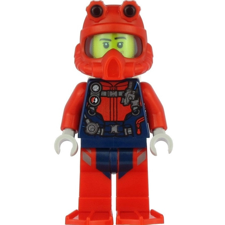 Minifig cty1166 - Scuba Diver - Male, Smirk, Red Helmet, White Air Tanks, Red Flippers