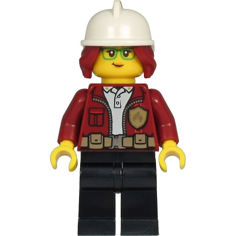 Minifig cty1211 - Fire Chief, Female - Freya McCloud, Dark Red Jacket, Black Legs, White Fire Helmet, Dark Red Hair