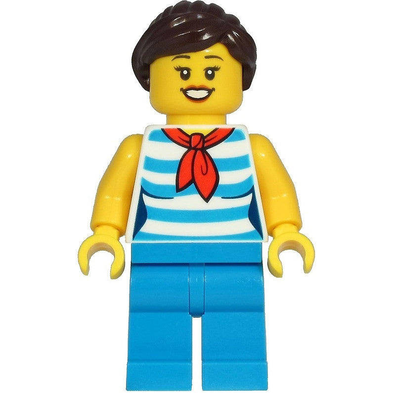 Minifig cty1213 - Diner Employee - Female, Dark Azure and White Striped Shirt with Red Scarf, Dark Azure Legs, Dark Brown Ponytail