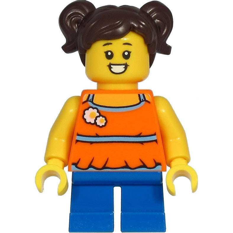 Minifig cty1215 - Madison (Maddy) Yea - Girl, Orange Halter Top Dress, Blue Short Legs, Dark Brown Hair