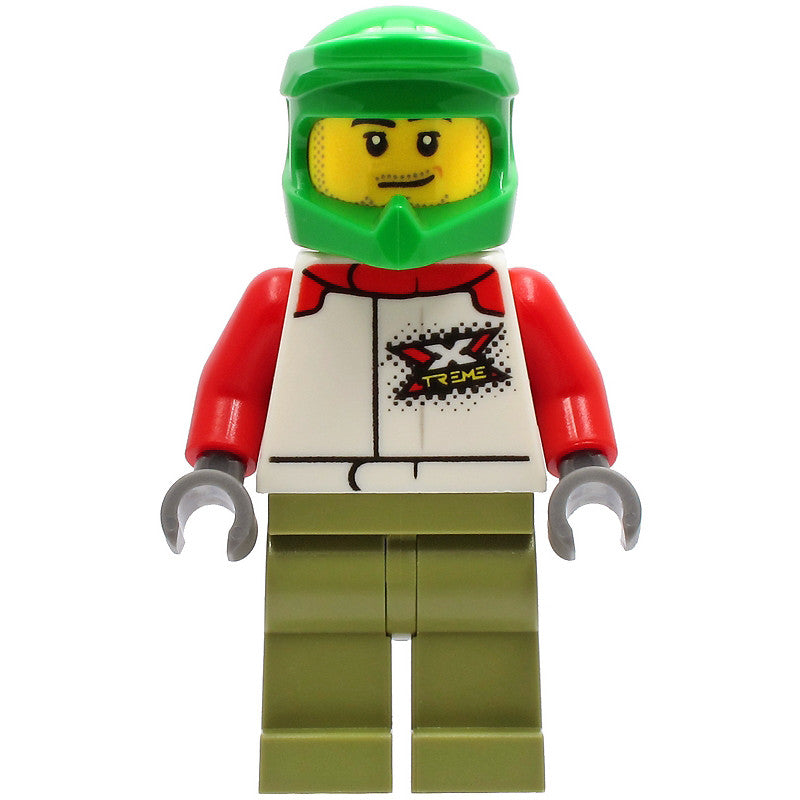 Minifig cty1231 - Wheelchair Athlete - Male, White Jacket with 'XTREME' Logo, Olive Green Legs, Bright Green Dirt Bike Helmet