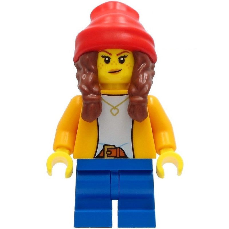 Minifig cty1235 - Girl - Bright Light Orange Jacket, Blue Medium Short Legs, Reddish Brown Hair with Braids and Red Beanie