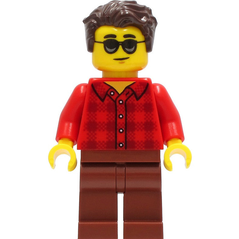 Minifig cty1246 - Man - Red Plaid Flannel Shirt, Reddish Brown Legs, Dark Brown Hair, Sunglasses