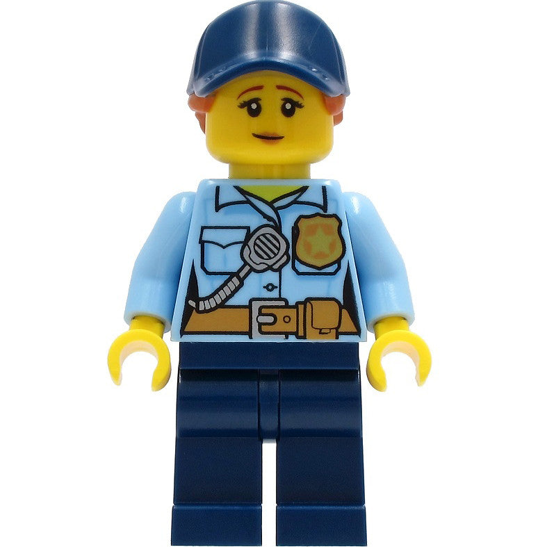 Minifig cty1258 - Police - City Officer Female, Bright Light Blue Shirt with Badge and Radio, Dark Blue Legs, Dark Blue Cap with Dark Orange Ponytail, Pensive Smile