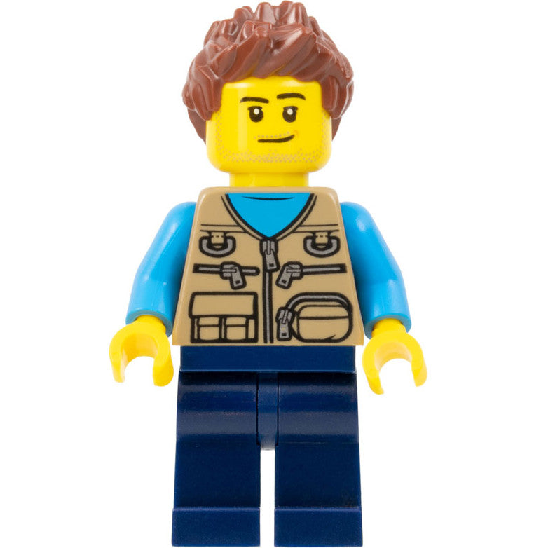 Minifig cty1261 - Camper Van Owner - Male, Dark Tan Vest over Dark Azure Shirt, Dark Blue Legs, Reddish Brown Spiked Hair, Stubble