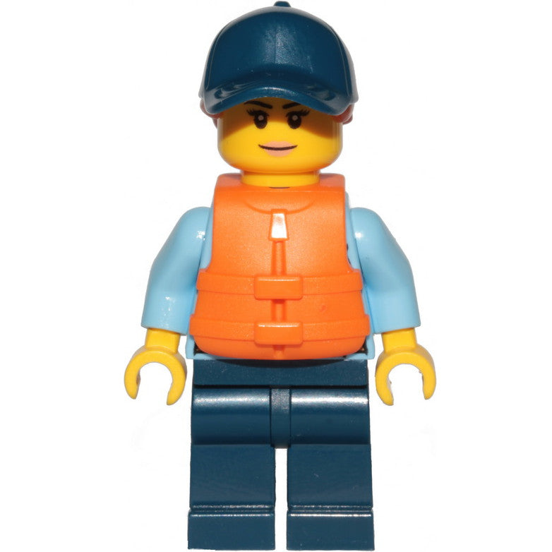 Minifig cty1263 - Police - City Officer Female, Bright Light Blue Shirt with Badge and Radio, Dark Blue Legs, Dark Blue Cap with Dark Orange Ponytail, Life Jacket