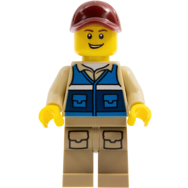 Minifig cty1292 - Wildlife Rescue Worker - Male, Dark Red Cap, Blue Vest with 'RESCUE' Pattern on Back, Dark Tan Legs with Pockets