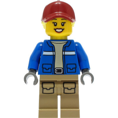 Minifig cty1305 - Wildlife Rescue Explorer - Female, Blue Jacket, Dark Tan Legs with Pockets, Dark Red Cap, Bright Light Yellow Hair