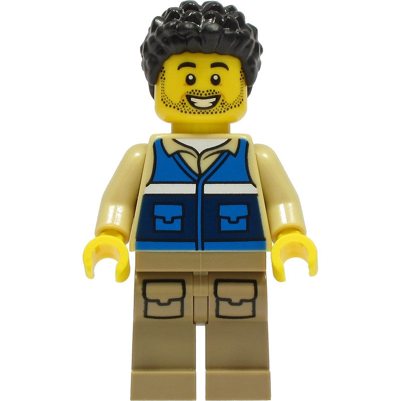 Minifig cty1306 - Wildlife Rescue Worker - Male, Blue Vest with 'RESCUE' Pattern on Back, Dark Tan Legs with Pockets, Black Hair