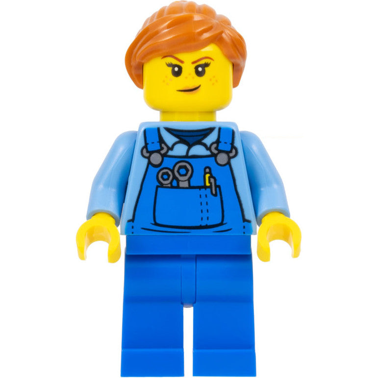 Minifig cty1348 - Janitor - Female, Blue Overalls over Medium Blue Shirt, Blue Legs, Dark Orange Hair, Back Print