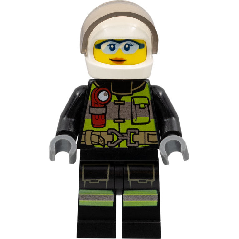 Minifig cty1355 - Fire - Reflective Stripes with Utility Belt and Flashlight, White Helmet, Trans-Brown Visor, Safety Glasses, Peach Lips Closed Mouth Smile