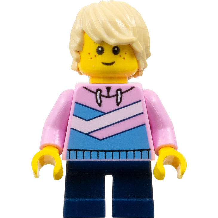 Minifig cty1361 - Child - Boy, Bright Pink Hoodie with Medium Blue and White Diagonal Stripes, Dark Blue Short Legs, Tan Tousled Hair, Freckles