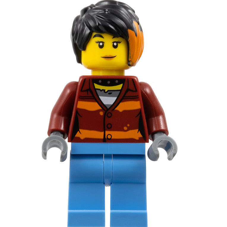 Minifig cty1379 - Police Crook, Female - Daisy Kaboom Dark Red Torso with Orange Stripes. and Bright Light Blue Legs
