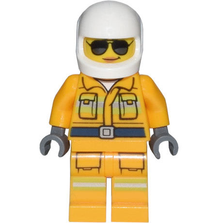 Minifig cty1433 - Fire - Reflective Stripes, Bright Light Orange Suit, White Helmet, Sunglasses