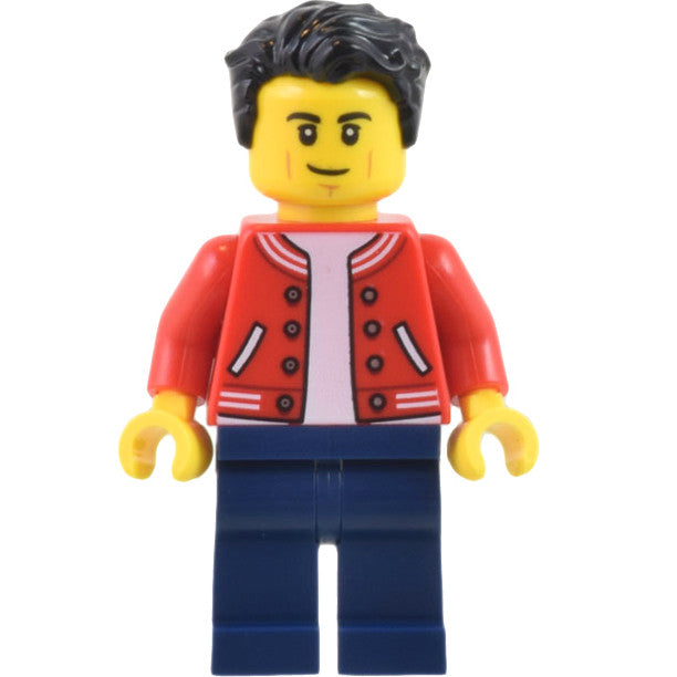 Minifig cty1440 - Man - Red Jacket, Dark Blue Legs, Black Hair, Smirk and Cheek Lines