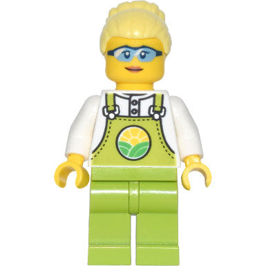 Minifig cty1441 - Farmer Peach - Lime Overalls over White Shirt, Lime Legs, Bright Light Yellow High Bun, Glasses