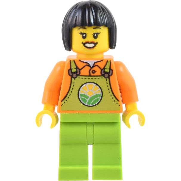Minifig cty1444 - Farmer - Female, Lime Overalls over Orange Shirt, Lime Legs, Black Short Hair