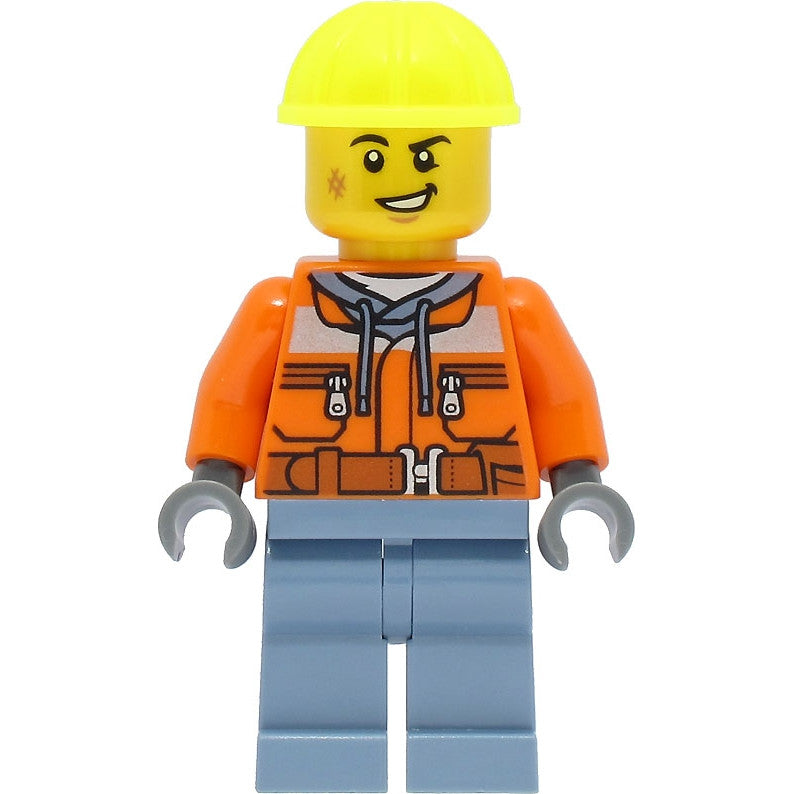 Minifig cty1465 - Train Worker - Male, Orange Safety Jacket, Sand Blue Legs, Neon Yellow Construction Helmet