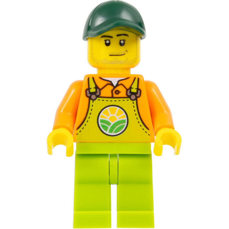 Minifig cty1478 - Farmer - Male, Lime Overalls over Orange Shirt, Lime Legs, Dark Green Cap