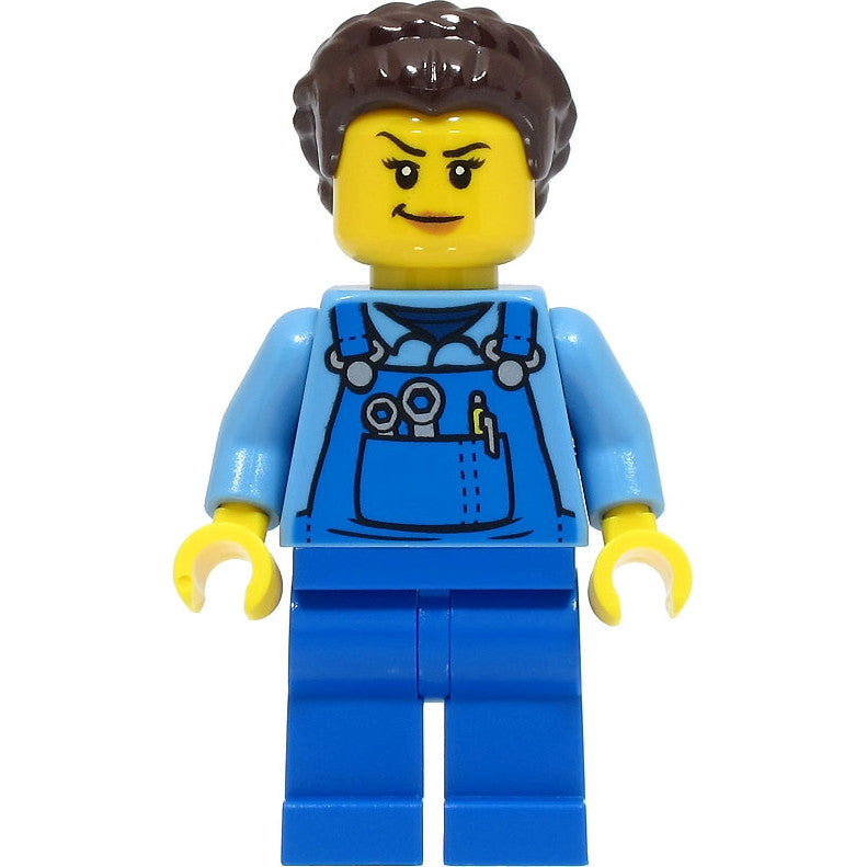 Minifig cty1500 - Stuntz Crew - Female, Blue Overalls over Medium Blue Shirt, Blue Legs, Dark Brown Hair, Back Print