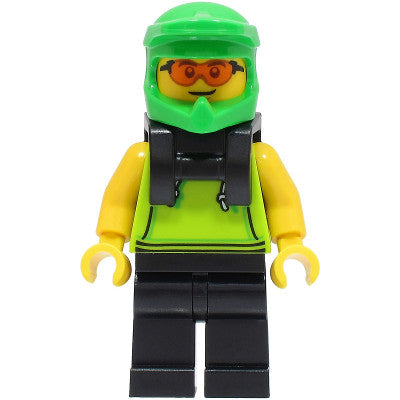 Minifig cty1508 - Food Delivery Cyclist - Male, Lime Hoodie, Black Legs, Bright Green Helmet, Neck Bracket, Safety Glasses