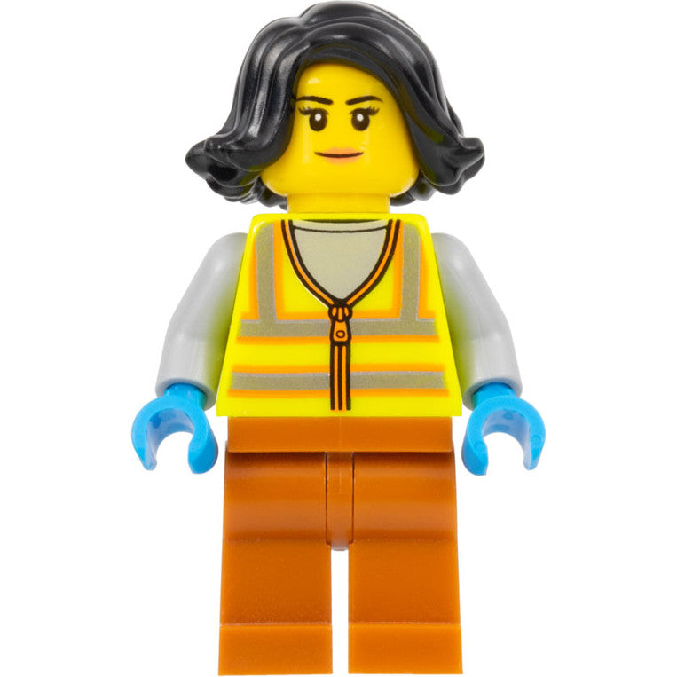Minifig cty1522 - Recycling Worker - Female, Neon Yellow Safety Vest, Dark Orange Legs, Black Hair