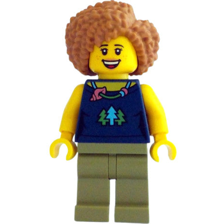 Minifig cty1523 - Female, Dark Blue Top with Trees and Necklace, Olive Green Legs, Medium Nougat Hair