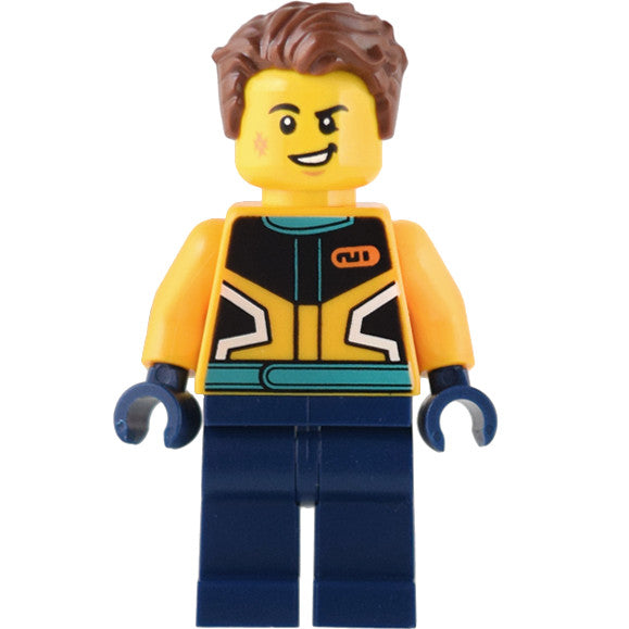 Minifig cty1536 - Custom Car Garage Driver - Male, Bright Light Orange Racing Jacket, Dark Blue Legs, Reddish Brown Hair