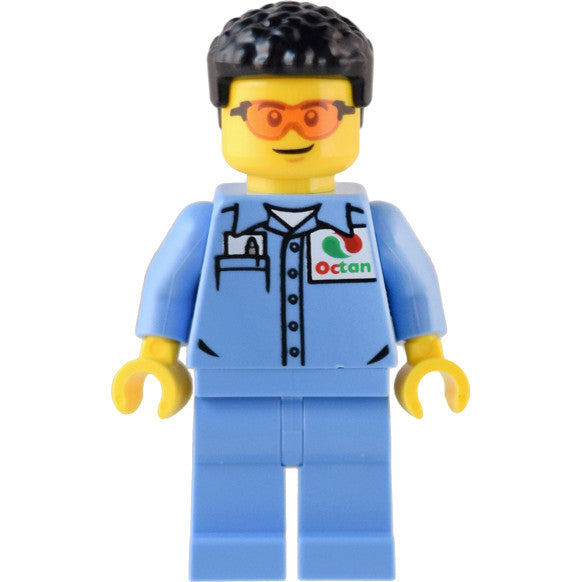 Minifig cty1538 - Custom Car Garage Mechanic - Male, Medium Blue Shirt with Octan Logo, Medium Blue Legs, Short Black Hair, Safety Glasses