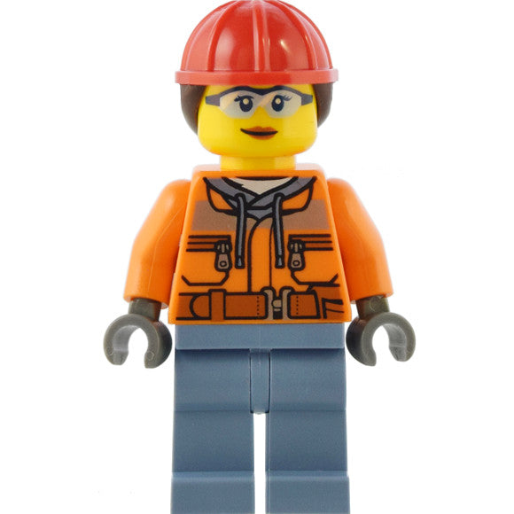 Minifig cty1554 - Construction Worker - Female, Orange Safety Jacket, Reflective Stripe, Sand Blue Hoodie, Sand Blue Legs, Red Construction Helmet with Dark Brown Ponytail Hair