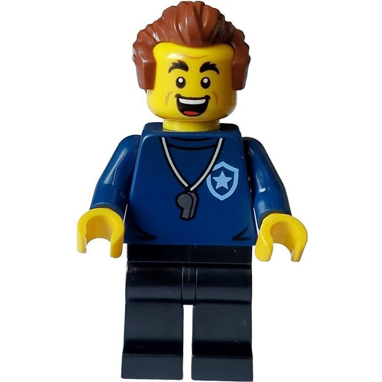 Minifig cty1559 - Police - City Trainer Academy Male, Dark Blue Shirt, Silver Whistle, Black Legs, Reddish Brown Hair, Open Mouth