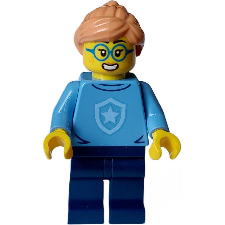 Minifig cty1562 - Police - City Officer in Training Female, Medium Blue Shirt with Badge, Dark Blue Legs, Nougat Hair, Glasses
