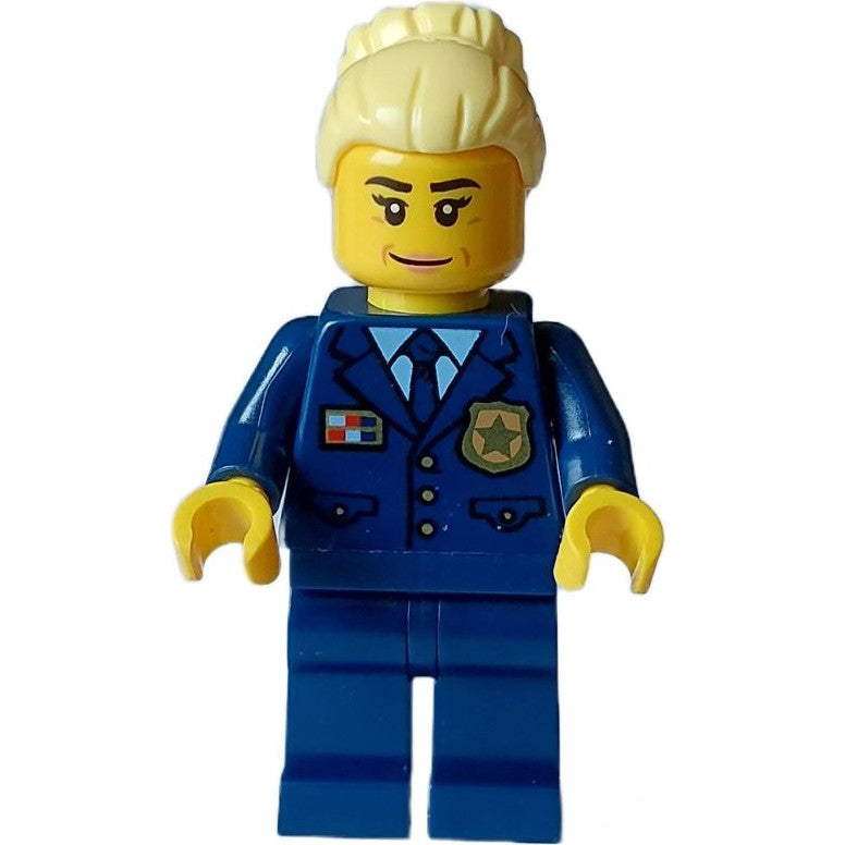 Minifig cty1564 - Police - City Chief Female, Dark Blue Jacket and Legs, Bright Light Yellow Hair, Smile
