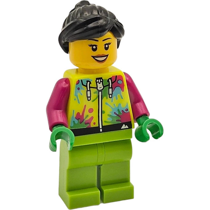 Minifig cty1631 - Mountain Bike Cyclist - Female, Neon Yellow Jacket with Paint Splotches, Lime Legs, Black Hair