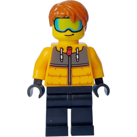 Minifig cty1634 - Male - Bright Light Orange Jacket, Black Legs, Dark Orange Hair, Ski Goggles