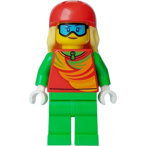 Minifig cty1638 - Skier - Female, Red Top, Bright Green Legs, Red Sports Helmet, Bright Light Yellow Long Hair, Ski Goggles