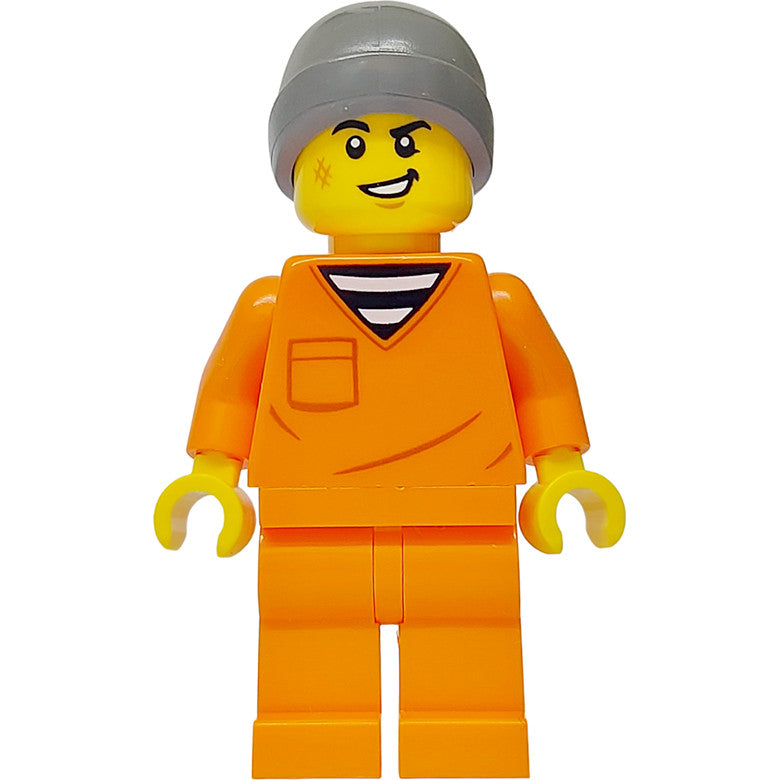 Minifig cty1699 - Police - City Jail Prisoner Male, Orange Prison Jumpsuit, Dark Bluish Gray Beanie, Scruff Mark