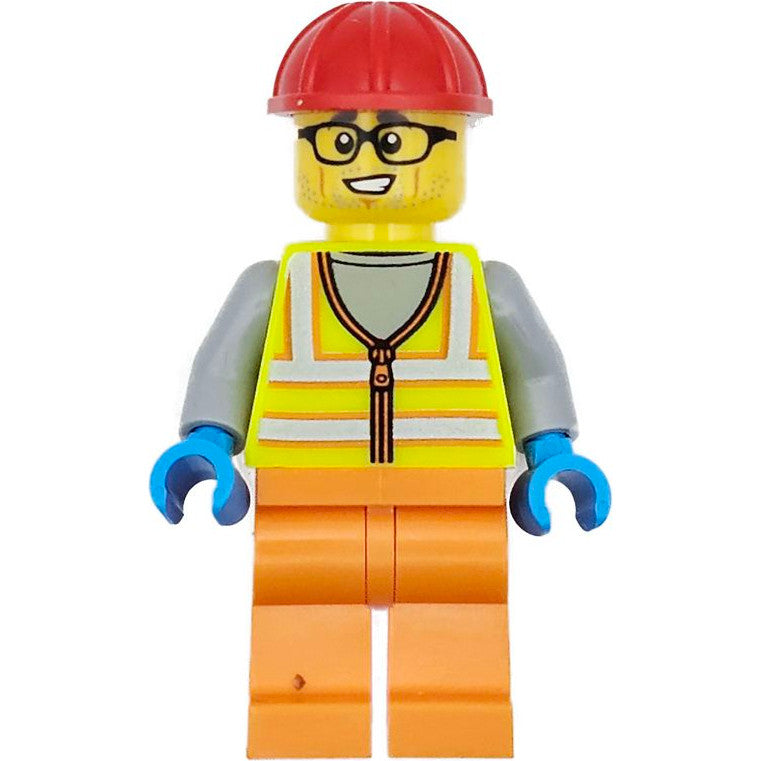 Minifig cty1710 - Construction Worker - Male, Neon Yellow Safety Vest, Orange Legs, Red Construction Helmet, Black Glasses