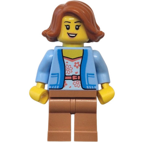 Minifig cty1770 - Bus Passenger - Female, Bright Light Blue Jacket over White Shirt with Coral Flowers, Medium Nougat Legs, Dark Orange Hair