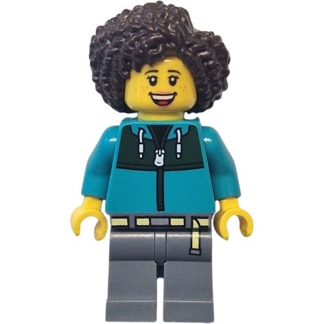 Minifig cty1771 - Bus Passenger - Female, Dark Turquoise Jacket with Dark Green Panel, Dark Bluish Gray Legs, Dark Brown Hair