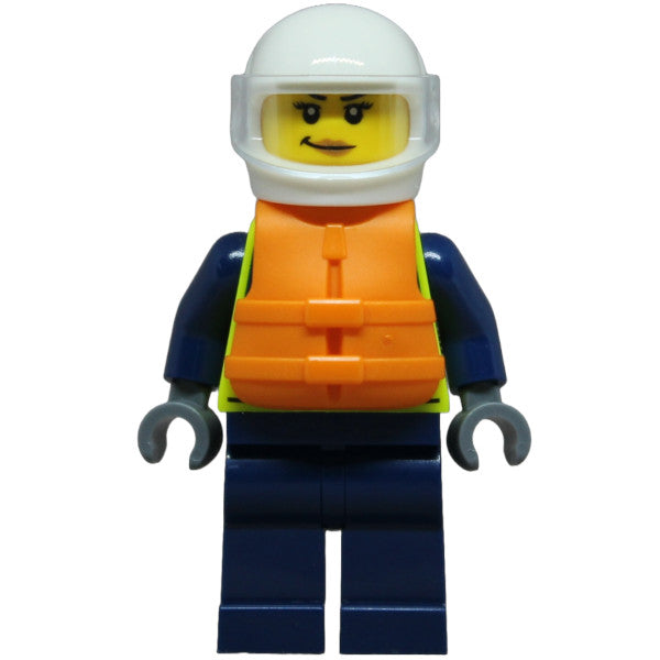 Minifig cty1853 - Police - City Officer Female, Neon Yellow Safety Vest, Dark Blue Legs, White Helmet, Trans-Clear Visor, Orange Life Jacket