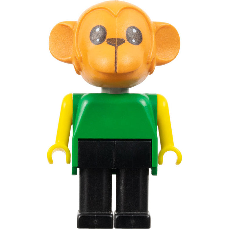 Minifig fab8d - Fabuland Monkey - Chester Chimp, Brown Head, Black Legs, Green Top, Yellow Arms