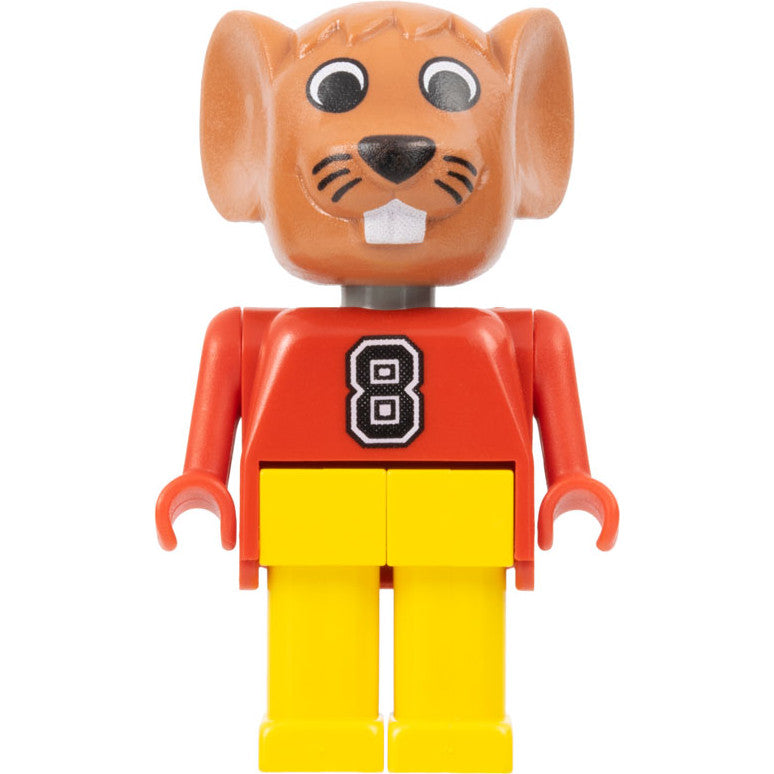 Minifig fab9b - Fabuland Mouse - Maximillian Mouse (Max), Brown Head, Red Top with Number 8