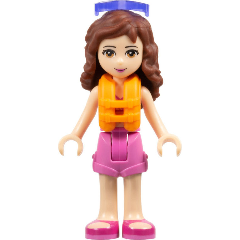 Minifig frnd0230 - Friends Olivia (Light Nougat) - Dark Pink Shorts, Dark Pink and White Swimsuit Top, Life Jacket, Sunglasses