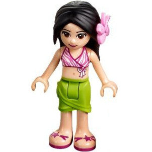 Minifig frnd199 - Friends Martina - Lime Wrap Skirt, Dark Pink and White Swimsuit Top, Bright Pink Flower