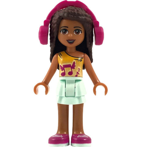Minifig frnd249 - Friends Andrea - Light Aqua Layered Skirt, Bright Light Orange Top with Winged Music Notes, Headphones