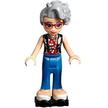 Minifig frnd254 - Friends Dottie - Blue Trousers, Black Vest over Red Shirt with Cherries, Black Roller Skates